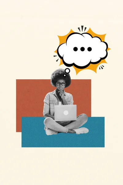 絵の背景に隔離されたワイヤレスネットブック思考を使用して座っている心の賢い女の子のポスター画像コラージュ — ストック写真