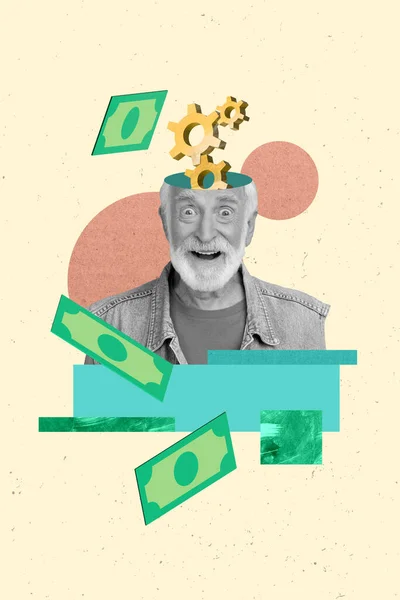 Creative Poster Collage Old Retired Excited Man Pensioner Mind Head — Stock Photo, Image
