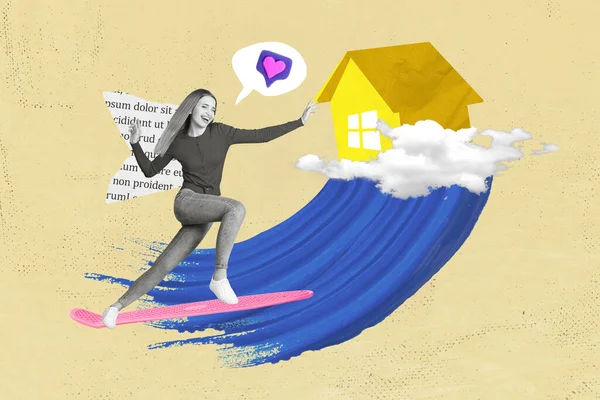 Collage Graphics Picture Funky Smiling Lady Riding Surf Beach House — Stock Photo, Image