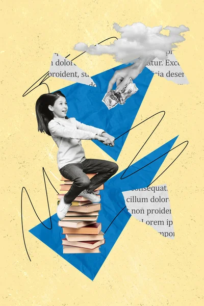 Foto Colagem Cartaz Menina Sorridente Feliz Comprar Livro Ficção Gênero — Fotografia de Stock