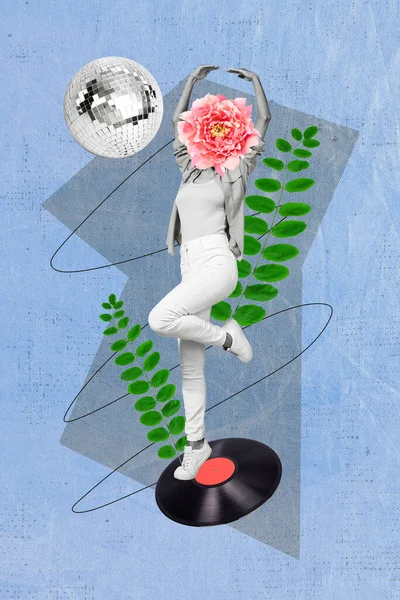 Retro Magazin Collage Bild Von Sorglosen Dame Blume Kopf Genießen — Stockfoto