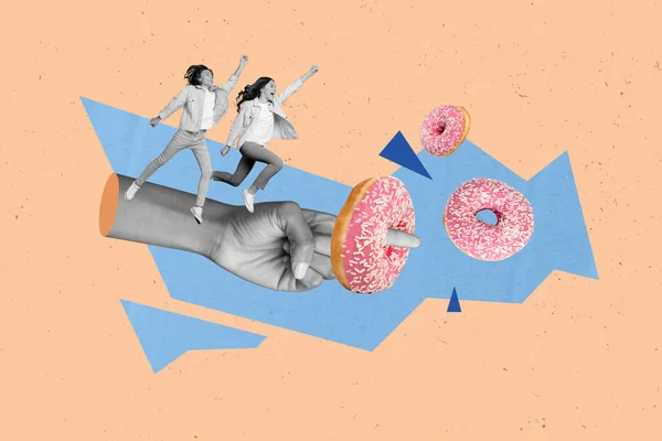 Creatieve Poster Collage Van Vinger Punt Gebaar Tonen Teken Donut — Stockfoto