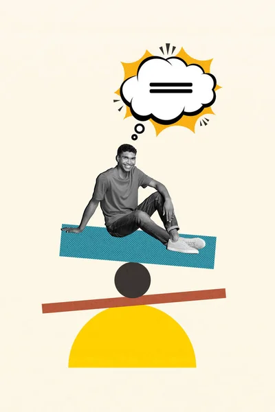 Pionowe Kompozytowe Twórcze Zdjęcie Kolaż Przystojny Szczęśliwy Człowiek Balansowanie Figur — Zdjęcie stockowe