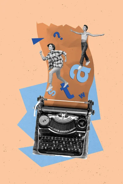 Verticale Creatieve Collage Beeld Van Grappige Jonge Vrouw Meisje Typemachine — Stockfoto
