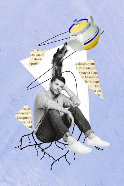 Plantilla Vertical Arte Diseño Collage Joven Triste Hombre Desempleado Abrumado — Foto de Stock