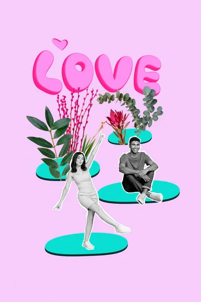 两名年轻学生女友跳舞而男生在粉色背景下孤零零地等待她的爱情故事的创意图片垂直拼贴 — 图库照片