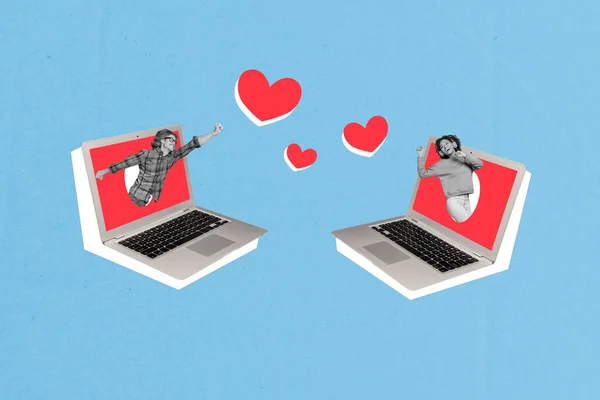 Netbook Monitöründe Sohbet Eden Iki Mutlu Insanın Boyutlu Kolajı Sosyal — Stok fotoğraf