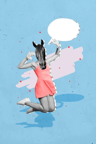 Vertikale Collage Bild Von Aufgeregten Schwarz Weißen Farben Mädchen Pferdekopf — Stockfoto