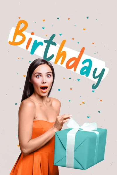 Vertical Collage Placard Young Funny Beautiful Woman Holding Present Birthday — Stock Photo, Image