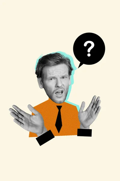 Vertical 3d collage image of clueless black white effect big head man question mark mind bubble arms isolated on beige background.