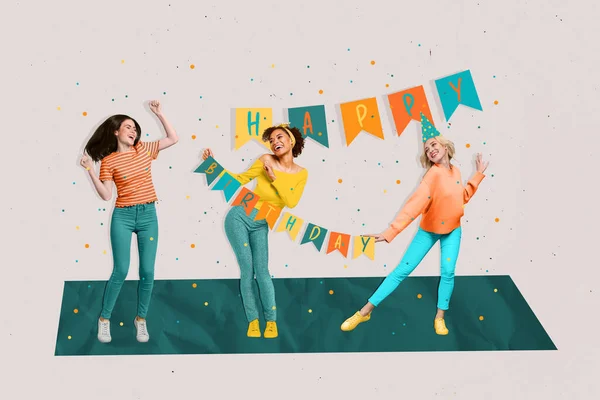 三个积极 无忧无虑的女孩在粉刷的背景下享受快乐舞动的生日彩旗派对的复合拼贴图像 — 图库照片