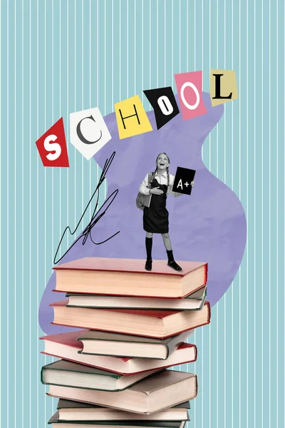 Magazine Advertentie Template Collage Van Opgewonden Gelukkig Schoolmeisje Bereiken Van — Stockfoto