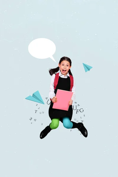 Vertical Collage Small Schoolgirl Jumping Have Fun Read Dictionary Learn — Stock Photo, Image