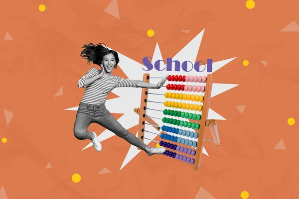 Revista Imagem Colagem Sorrir Animado Pouco Estudante Aprendendo Abacus Matemática — Fotografia de Stock