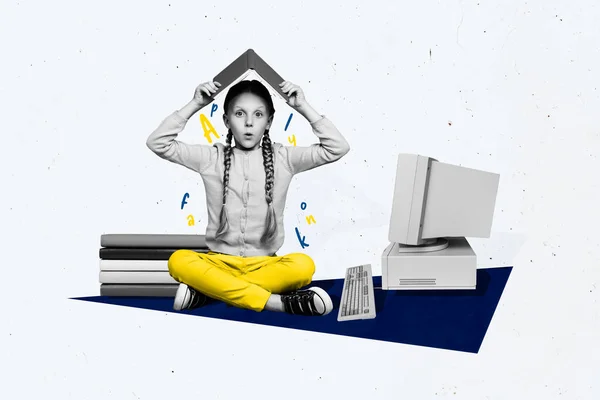 Criativa Foto Colagem Composta Engraçado Pequena Estudante Sentar Perto Computador — Fotografia de Stock