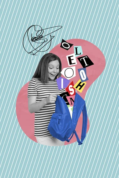创意广告模板女学生的拼贴给打开的背包留下深刻印象观看令人难以置信的季节学校提供的节目 — 图库照片