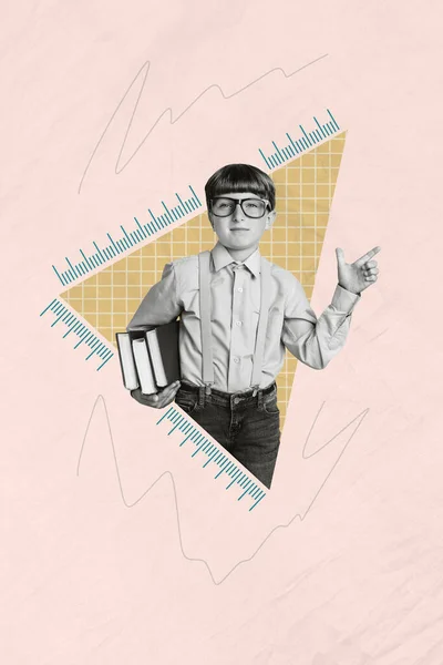 Kreative Bild Bild Vorlage Collage Von Jungen Schulkind Mit Buch — Stockfoto