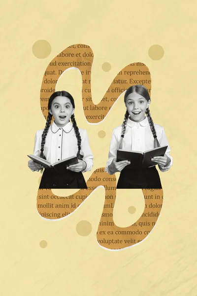 Vertical Composite Collage Creative Illustration Funny Two Schoolgirls Studying Read — Stock Photo, Image
