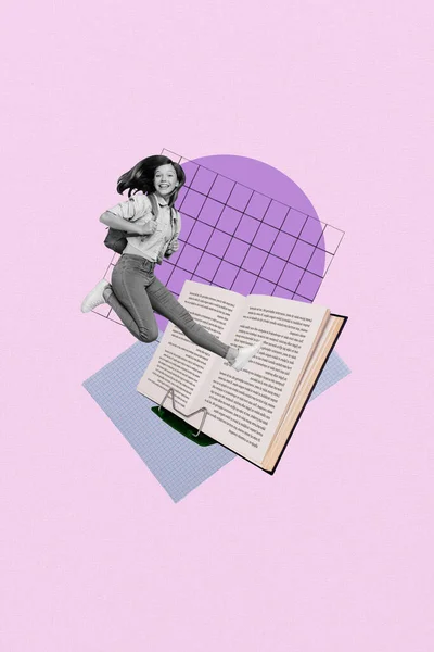 三维复古抽象创作模板拼贴兴奋的小学生喜欢阅读孤立的紫色背景的书 — 图库照片