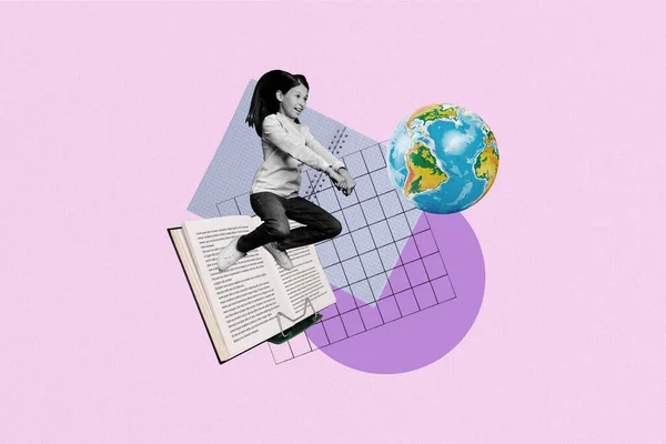 Magazin Collage Bild Von Glücklich Lächelnd Kleines Mädchen Spielt Globus — Stockfoto