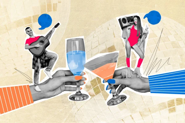 Artwork Collage Two Black White Effect Arms Hold Clink Martini — Stock Photo, Image