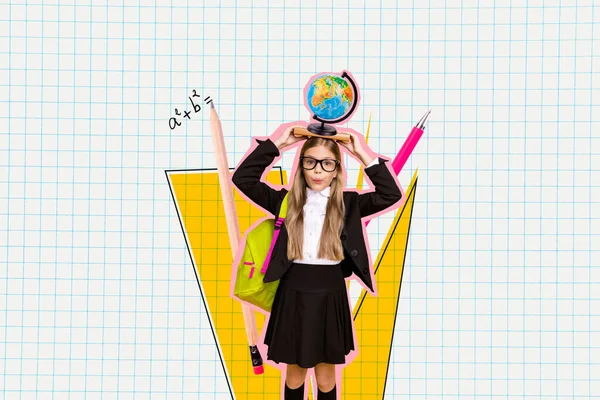 Collage Chica Feliz Inteligente Mantenga Planeta Planeta Tierra Globo Por —  Fotos de Stock