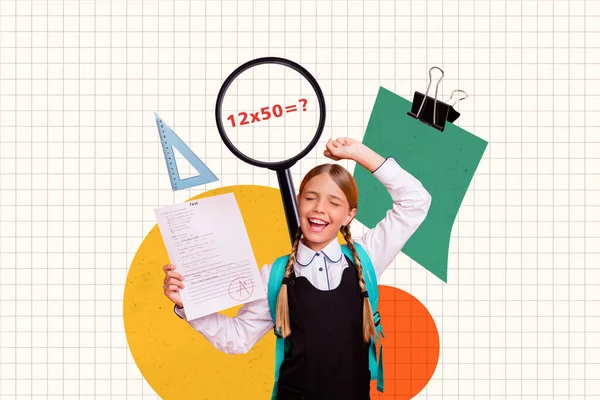 Collage Eccitato Felice Intelligente Ragazza Sollevare Pugno Tenere Carta Prova — Foto Stock