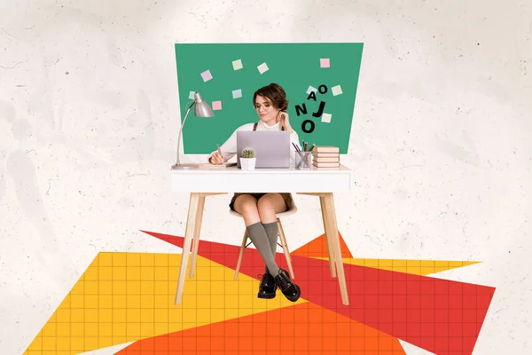 Artwork Collage Bild Von Glücklichen Intelligenten Mädchen Verwenden Netbook Schreiben — Stockfoto