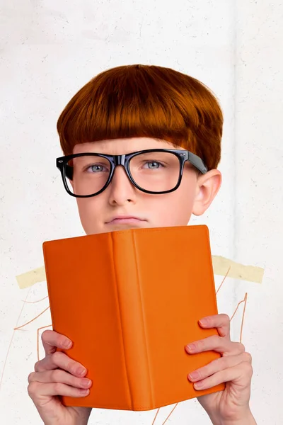 Composite Collage Picture Young Funny Schoolboy Nerd Bookworm Hold Favorite — Stock Photo, Image