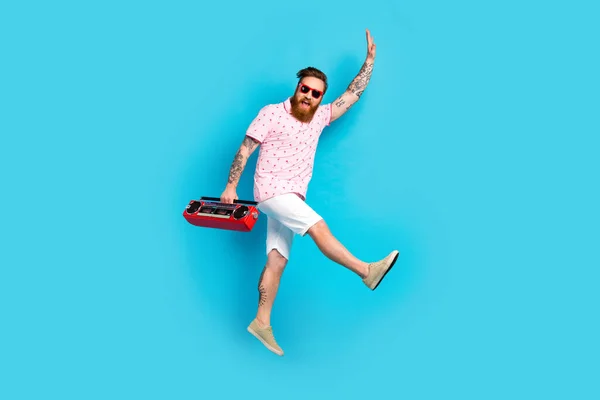 Full Body Portrait Cheerful Eccentric Person Jumping Hand Hold Boombox — Stock Photo, Image