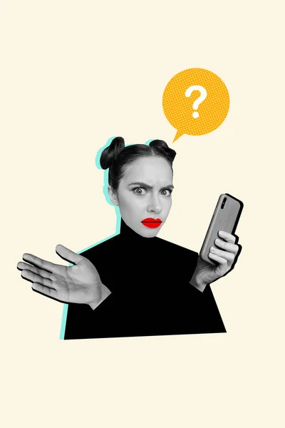 Portrait of black white effect confused girl hand hold smart phone mind bubble question mark isolated on beige background.