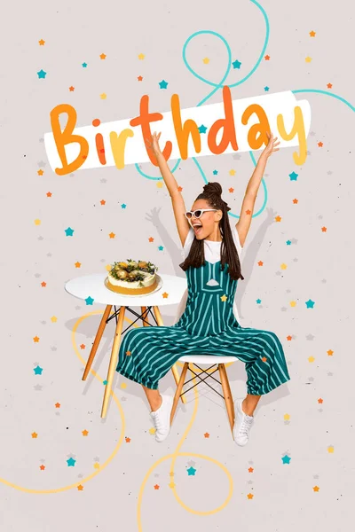 Vertical collage image of positive overjoyed girl sit chair raise hands birthday cake table isolated on drawing stars background.