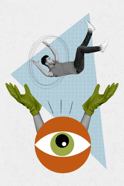 Niezwykłe Kolaż Młody Facet Latający Ogromny Oko Rzucanie Cyber Oszustwo — Zdjęcie stockowe