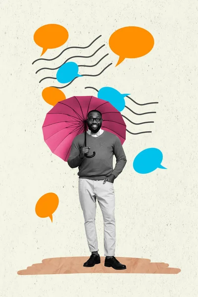 Баннерный Плакат Коллаж Парня Стоять Зонтиком Публике Слушать Людей Разговаривающих — стоковое фото