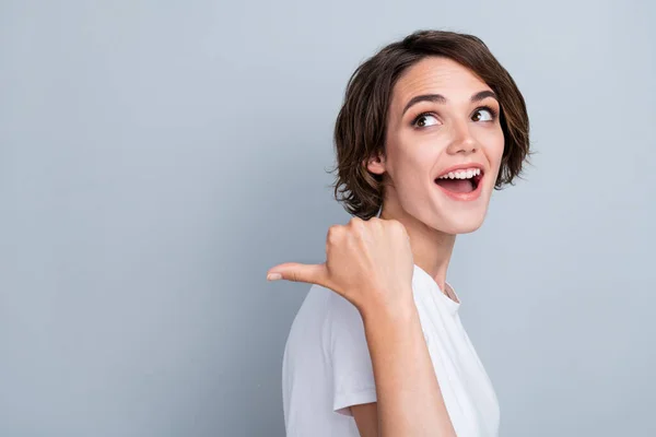 Photo Sweet Excited Woman Dressed White Shirt Showing Thumb Back — Stock Photo, Image