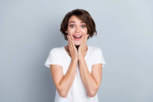 Photo Funky Excited Woman Dressed White Shirt Arms Cheeks Open — Stock Photo, Image