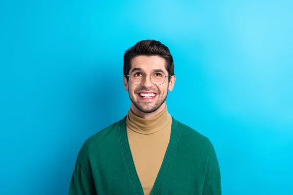 Photo Excited Thoughtful Man Wear Green Cardigan Spectacles Looking Empty — Stock Photo, Image