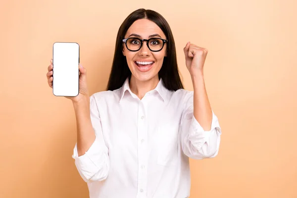 Photo Lucky Pretty Lady Wear White Shirt Spectacles Winning Game — Stock Photo, Image