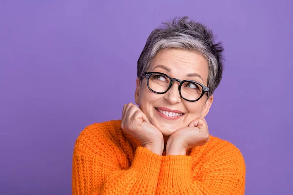 Photo Sweet Dreamy Lady Wear Knitted Pullover Spectacles Arms Cheeks — Stock Photo, Image