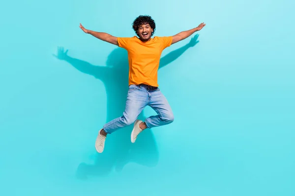 Full Length Photo Energetic Cheerful Person Jumping Hands Wings Flying — Stock Photo, Image