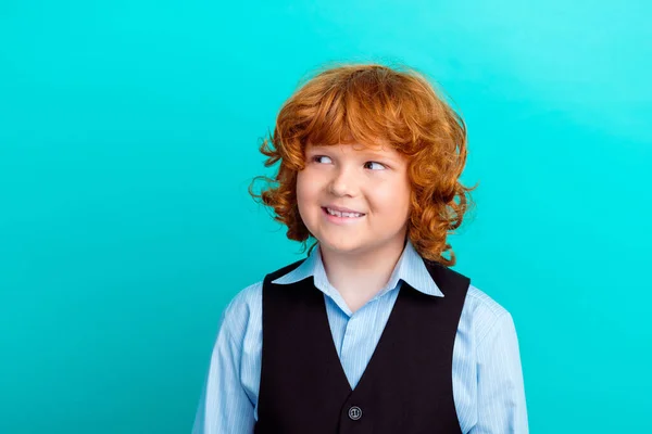 Photo Portrait Charming Curly Redhead Boy Look Empty Space Wear — Stock Photo, Image
