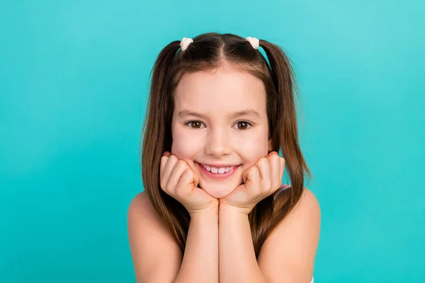 Closeup Photo Small Adorable Girl Two Funny Tails Smiling Hold — Stock Photo, Image