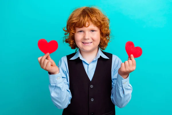 Photo Portrait Cute Curly Ginger Boy Hold Two Red Heart — Stock Photo, Image