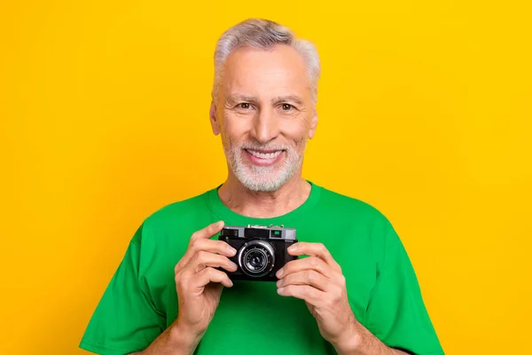 Photo Good Mood Charming Man Wear Green Shirt Tacking Photos — Stock Photo, Image