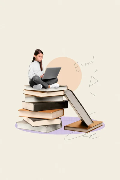 Vertical Creative Collage Image Little Clever Schoolgirl Read Books Pile — Stock Photo, Image
