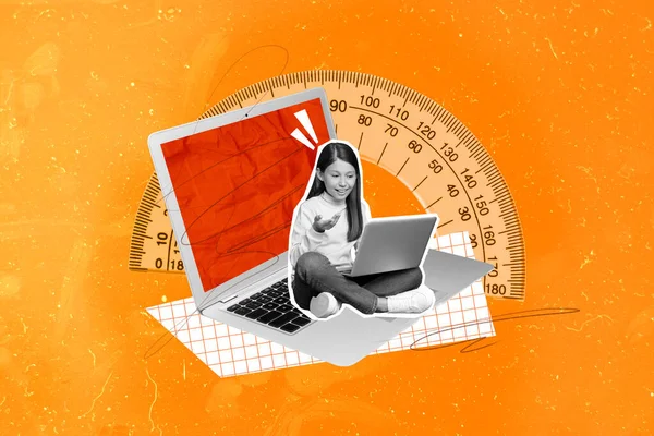 オレンジ色の背景に隔離されたオンラインリモートラップトップディスプレイの面白い小さな女子高生のアカデミック学習の遠隔教育テンプレートコラージュ — ストック写真