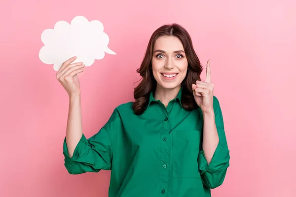 Photo Funky Excited Lady Wear Green Shirt Rising Mind Cloud — Stock Photo, Image