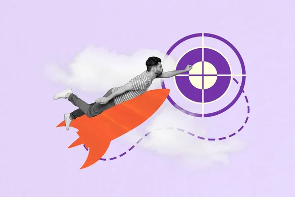 Cartel Imagen Collage Pop Empresario Chico Persistente Volando Cohete Hacia —  Fotos de Stock