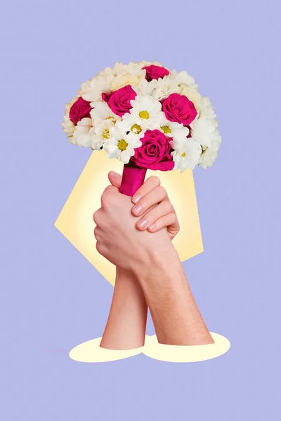 Creative drawn collage picture of hands helping together unity best relationships fresh bunch flowers gift isolated on violet background.