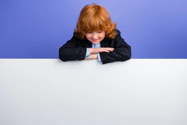 Portrait Positive Funky Schoolboy Look Interested Empty Space Banner Isolated — Stock Photo, Image